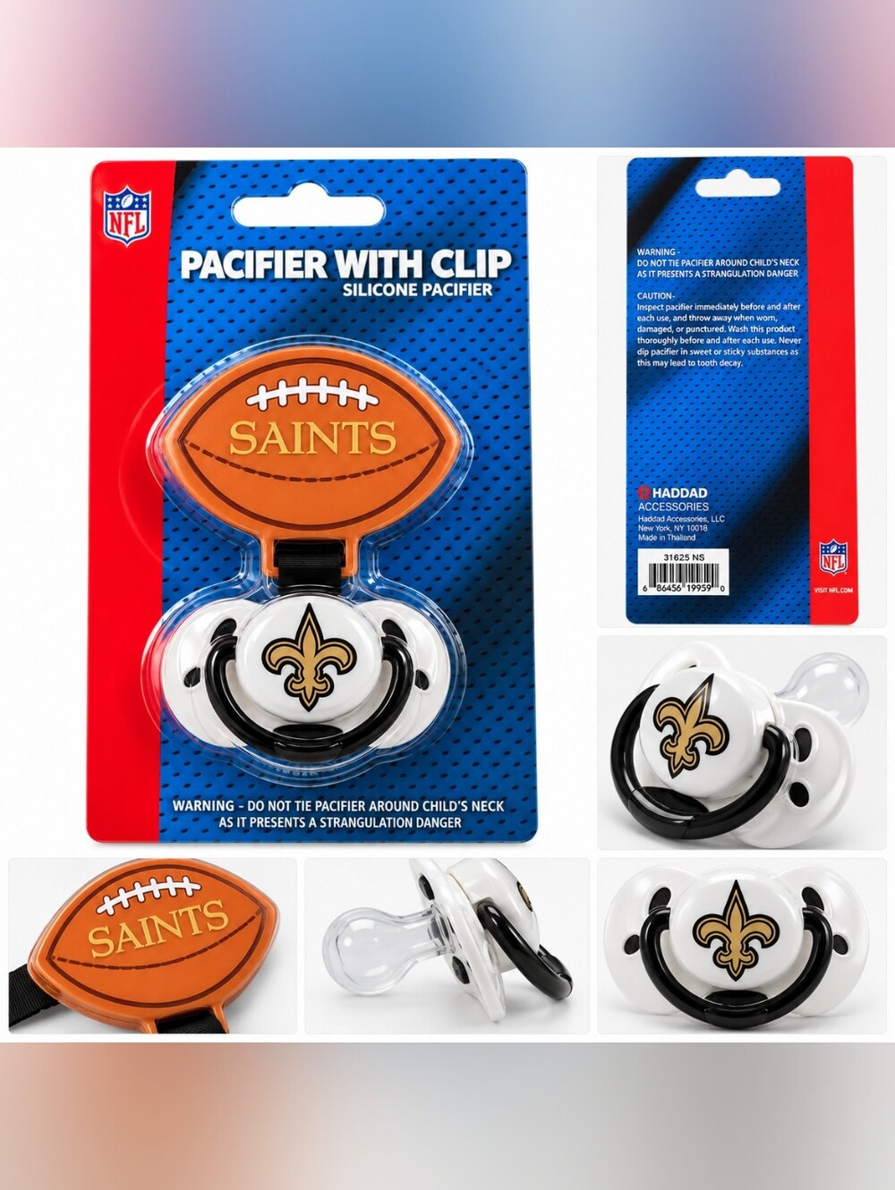 🍎 NWT NFL New Orleans Saints Silicone Pacifier w/ Clip Infant Baby Licensed